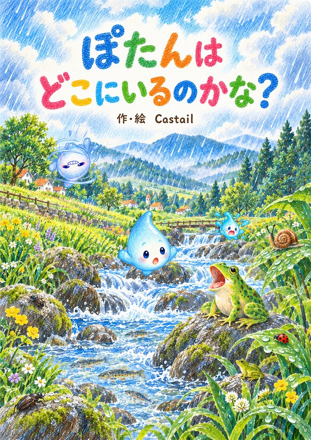 雨の降る小川と花々の中に、水のなかま・ぽたんがいる絵本のイラスト